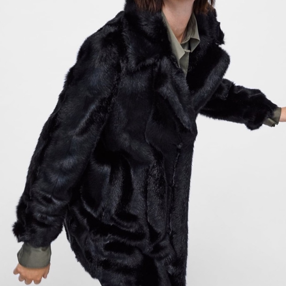 Zara NWT black lapel collar faux fur coat - Picture 7 of 10